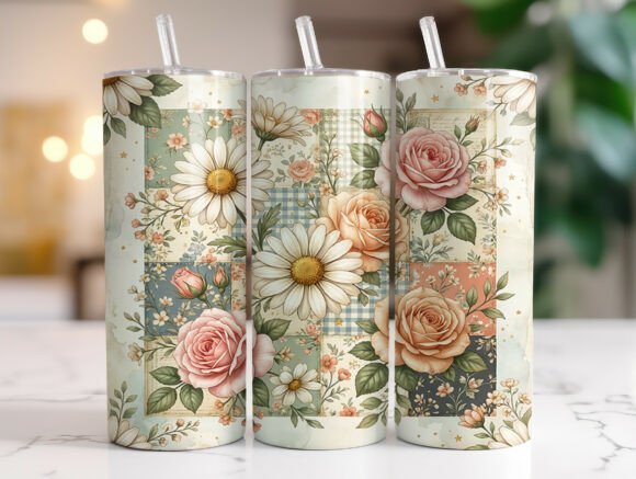 Cottagecore Daisy Rose Patchwork Tumbler Graphics for Tumbler Wraps