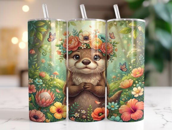 Cute Baby Otter Floral Crown: Graphics & Tumbler Wraps