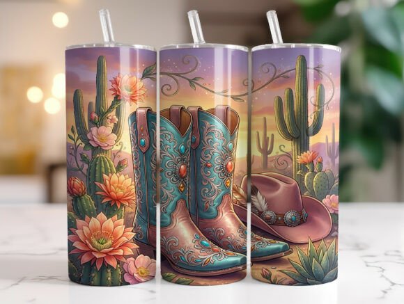 Western Floral Cactus Boots Tumbler Wrap Graphics Review